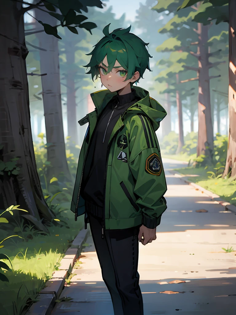 1male , Bright Green Hair , Wet Hair , Translucent Hair , Slime Hair , Green Eyes , Black Undercut Hair , Spiked Mohawk , Serious Expression , Fleece Jacket with a Pine Tree Symbols and Green Accents , Perfect Generation , Standing On Path , Luxury Park Backdground