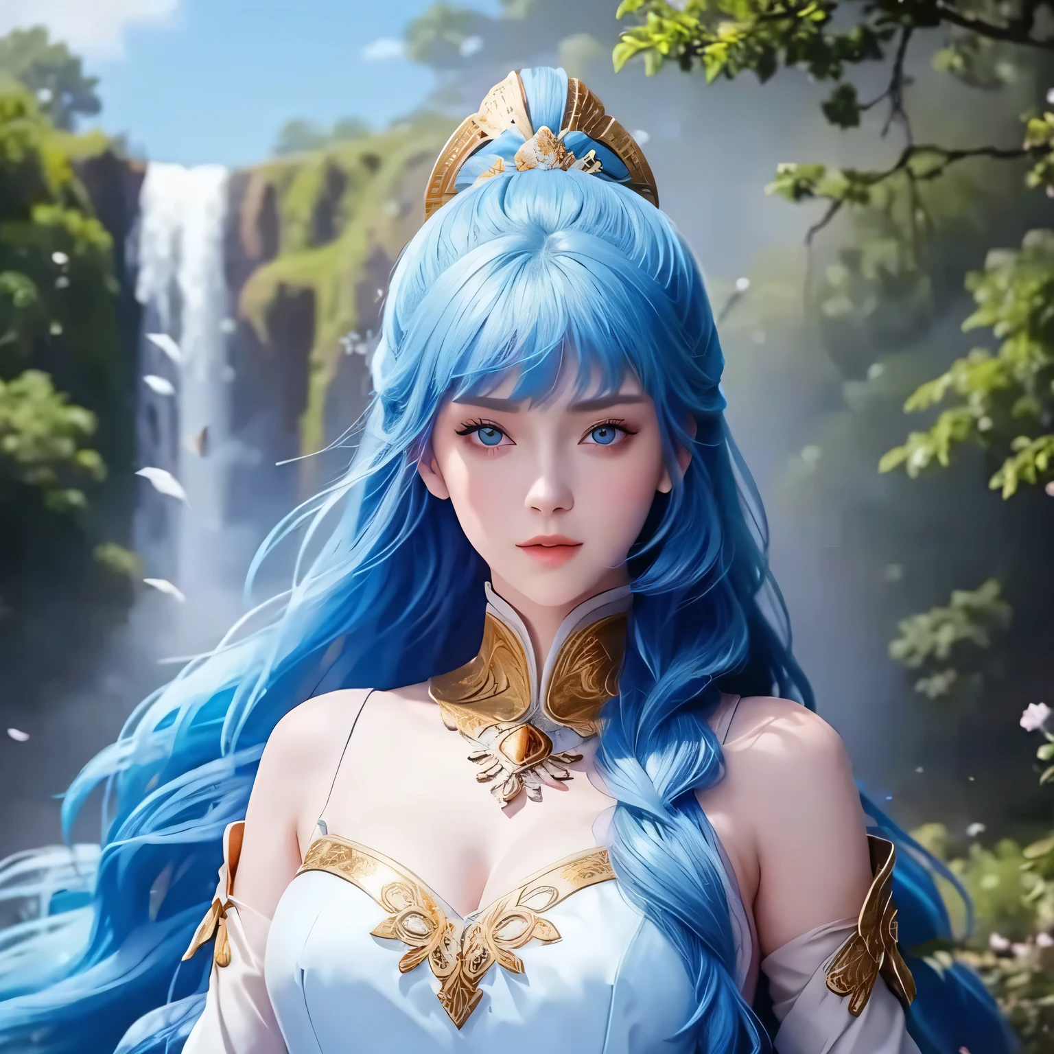 The image is a portrait of a young woman with long blue hair. She is wearing a white dress with gold accents and a blue cape draped over her shoulders. The dress has a high neckline and long sleeves. The woman is standing in front of a blue sky with white clouds and Sakura there is a tree and a waterfall in the background. She has a serious expression on her face 