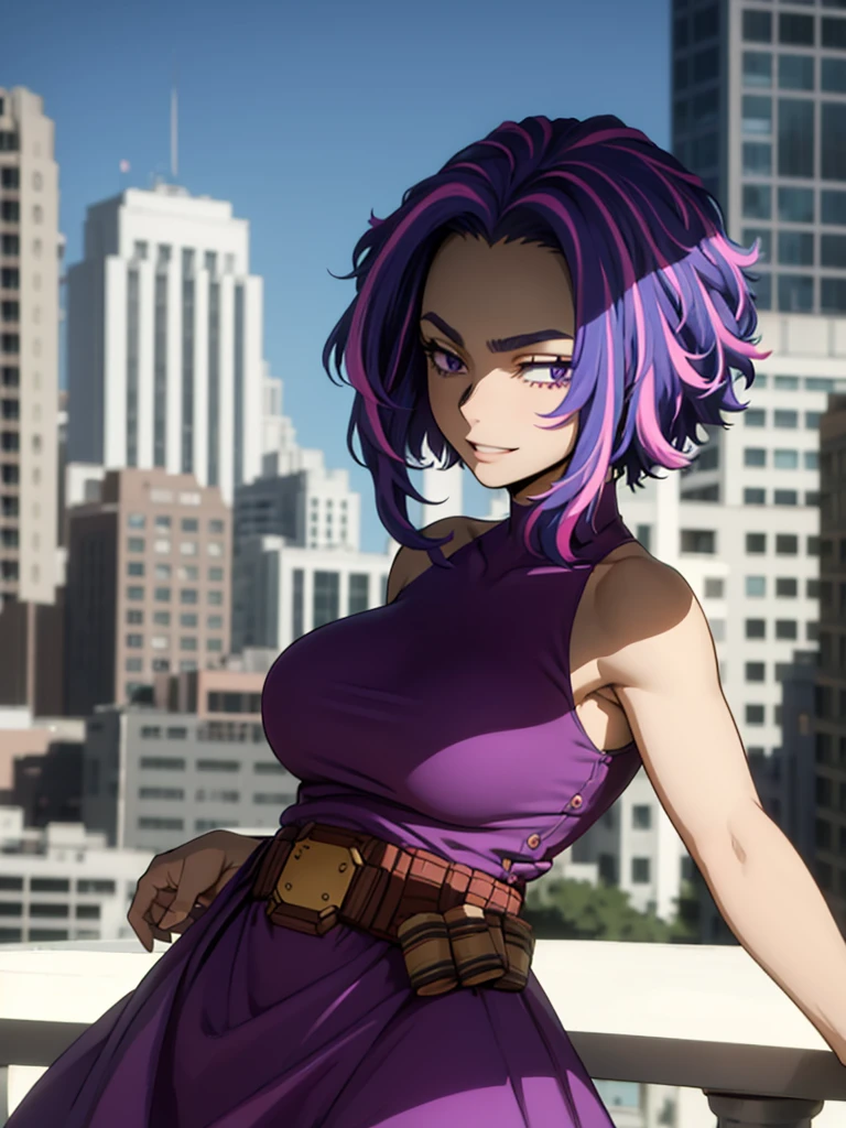 score_9, score_8_up, score_7_up, score_6_up, anime source, anime style,
n4g4nt, 1girl, solo, purple hair, purple eyes, multicolored hair, streaked hair, short hair, two-tone hair, pink hair , 
belt, bare shoulders, purple dress, sleeveless dress, 
large breasts, seductive smile, parted lips, eyelashes, 
city background,