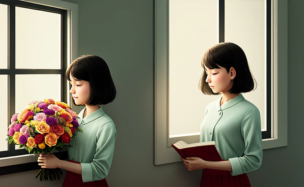 There was a woman holding a bouquet of flowers and a book, A beautiful artwork illustration, Beautiful digital illustration, Artgerm and Atey Ghailan, Realistic cute girl painting, by Atey Ghailan, by Yang J, By Ni Duan, Inspired by Atey ghailan, Beautiful illustration, book illustrations, author：Kim Jong-hee, vietnamese flag outside window