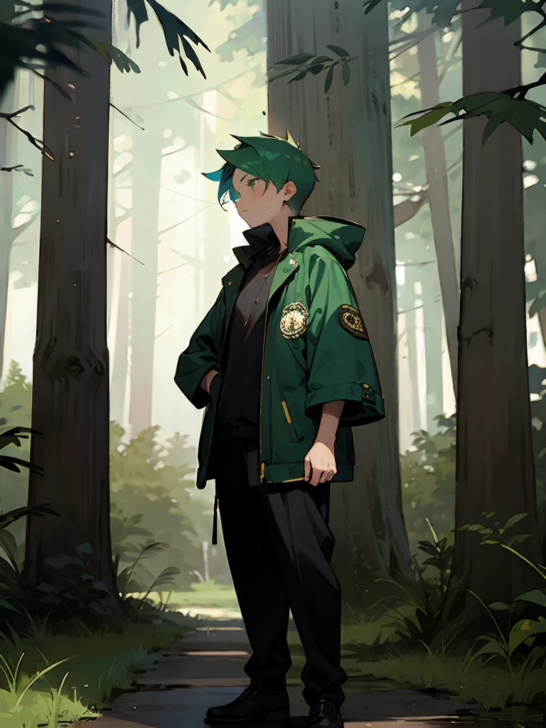 1male , Adult Male , Bright Green Hair , Wet Hair , Translucent Hair , Slime Hair , Green Eyes , Black Undercut Hair , Spiked Mohawk , Serious Expression , Fleece Jacket with a Pine Tree Symbols and Green Accents , Perfect Generation , Standing On Path , Luxury Park Backdground