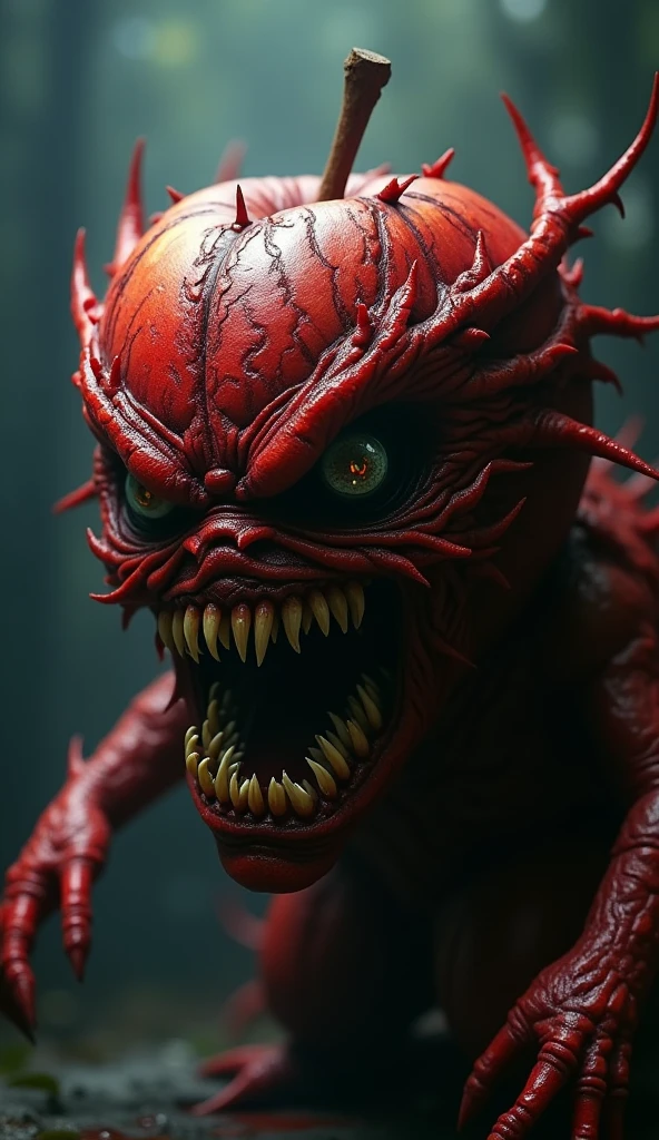 an evil apple with a sewn on leather face and wide open mouth full of sharp teeth attacking forward