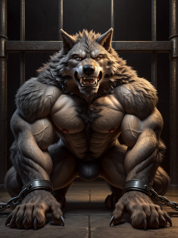 ((  is the best quality)), (( masterpiece )), ((4K)) (((  alone ))),  Transform into a werewolf   ,   perfect face  , Full body display，  alone ,Orcs,prison ，Humanoid wolf  , Muscular development,Masculine charm ,((naked)),(  meticulous eyes  ,wolf eye),((( Toe line  ))),(  and land on all fours ,Get Down,kneel,Bow back),    turn hands into claws   , Recurve legs  , Sharp claws  ,(  Gray fluff  ,  chest hair,),Full body portrait,  Correct Anatomy   , ( Chest enlargement  ,Buttock bulge,Pink nipples),( Transform  ),Drastic Transform  ,( Grit your teeth，Desperate expression )，(chained 1.5 )