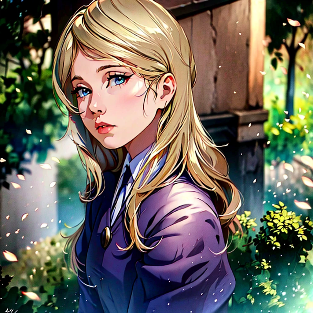 A cute anime girl with long blonde hair, beautiful detailed eyes, beautiful detailed lips, extremely detailed face, longeyelashes, wearing a blue school uniform, standing in a lush garden with cherry blossom trees, (best quality,4k,8k,highres,masterpiece:1.2),ultra-detailed,(realistic,photorealistic,photo-realistic:1.37),beautiful detailed scenery, vibrant colors, soft lighting, detailed background, highly detailed, intricate, complex, studio lighting, elegant, refined, sophisticated, graceful,1 girl