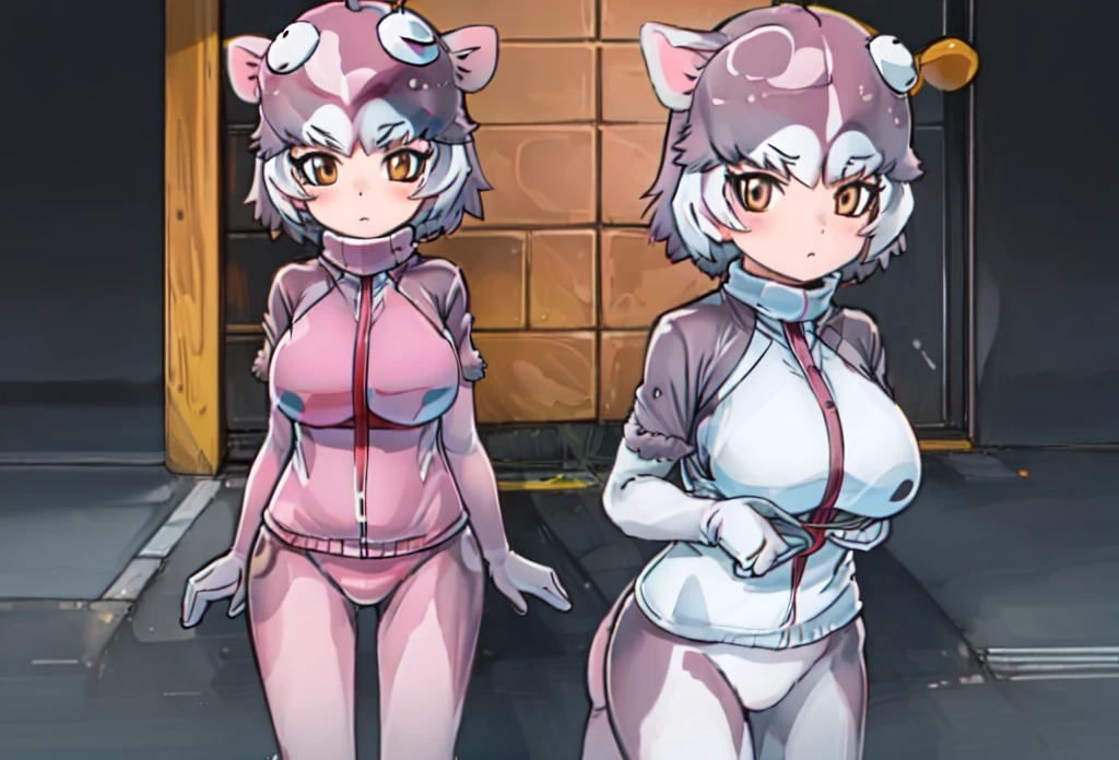 dog /(mixed breed/) /(kemono friends/), anglerfish costume, pink bodysuit, pink headwear, large breasts,