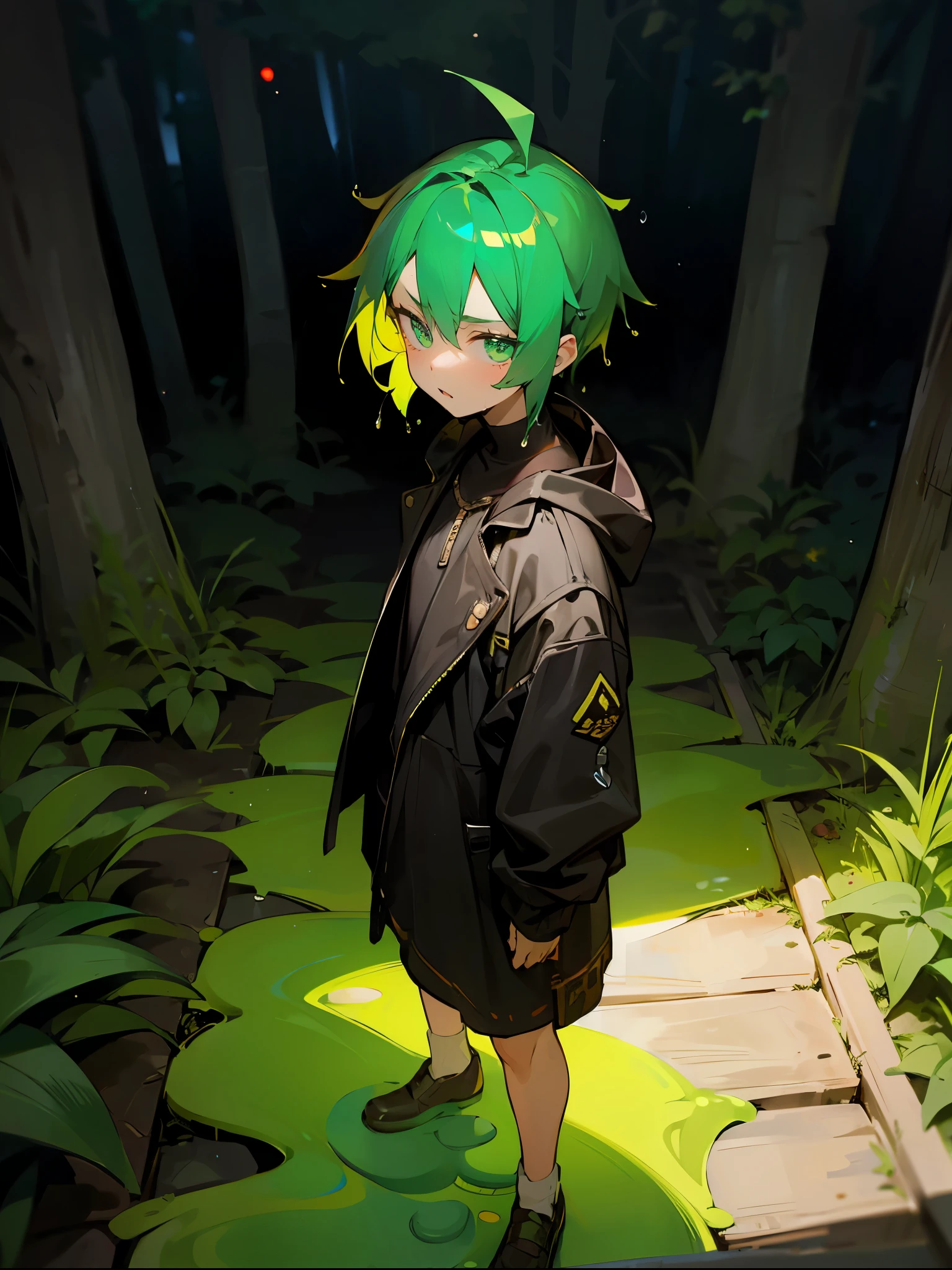 1male , Adult Male , Bright Green Hair , Wet Hair , Translucent Hair , Slime Hair , Green Eyes , Black Undercut Hair , Spiked Mohawk , Serious Expression , Fleece Jacket with a Pine Tree Symbols and Green Accents , Perfect Generation , Standing On Path , Luxury Park Backdground