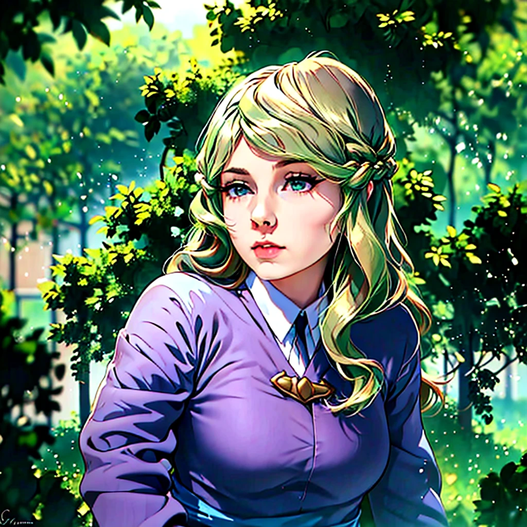 a beautiful young girl with long curly brown hair, Diana Cavendish, wearing a white blouse and a green witch's cloak, (best quality,4k,8k,highres,masterpiece:1.2),ultra-detailed,(realistic,photorealistic,photo-realistic:1.37),extremely detailed face and eyes, beautiful detailed lips, longeyelashes, holding a magic wand, standing in a lush green garden, sunlight streaming through the trees, fantasy landscape, vibrant colors, elegant lighting, soft focus, intricate details, anime style