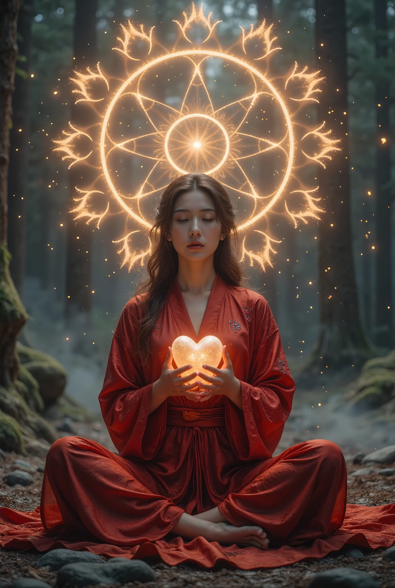 Full body photo of lotus position,Fold your hands and pray、Anatomically correct,born, movie camera , ( clearly focused :1.5), ( actual :1.4), Dusk lighting, Volumetric Lighting, ultra high resolution, 16K, dramatic lighting , Abstract Background:1.5)(disputeた,Mandala, holding a heart-shaped lamp in his hand、dispute,Intertwined:0.7)witch, Red Kimono, Foxfire Spell, 【Conversion, Depth of Writing Boundary, A fantastic atmosphere , the most beautiful form of chaos , grace, Brutalist Design Dark Theme, Flower of Death, Flower of Ecstasy,Glowing lines,Glow Example,Tracking Example,flash, Backlight,translucent, granular light,HILL,quit