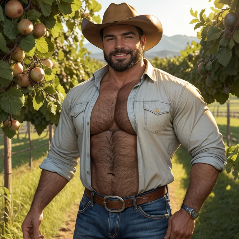 Masterpiece, Best Quality, High resolution, (1 chico:1.4), male focus, italian cowboy with tanned skin, 30-year-old ranch farmer in jeans with leather belt and boots and cowboy hat with rich fine details, intricate cowboy fashion with vivid details, cowboy, countryside vineyard orchard setting, sunny bright day, detailed body, brown hair, italian, furry, beefy, chubby, dad body, dad bod, warm lighting, HDR, (GS-Macho :1.5), dynamic pose, charming smile, happy, scruff, daddy, masculine, macho, beautiful striking green eyes, symmetrical eyes, beautiful eyes, balanced, erotic