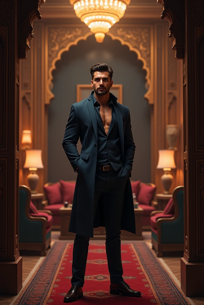 um homem com uma barba bem cuidada, face quadrada, nariz fino e boca carnuda,(( olhos azuis brilhantes)), ((longos cabelos cacheados pretos)), ((homem bonito e sexy)), ((20 anos)), foto de meio corpo, various positions, ccamisa aberto(( camisa vermelha)), peito largo e forte, Papel de parede 4k, 32k ultra |, Ultra HD |, Cinematic lighting, movie poster, Qualidade Superior、超High Resolution A、8K High Definition、Photogenic clarity、