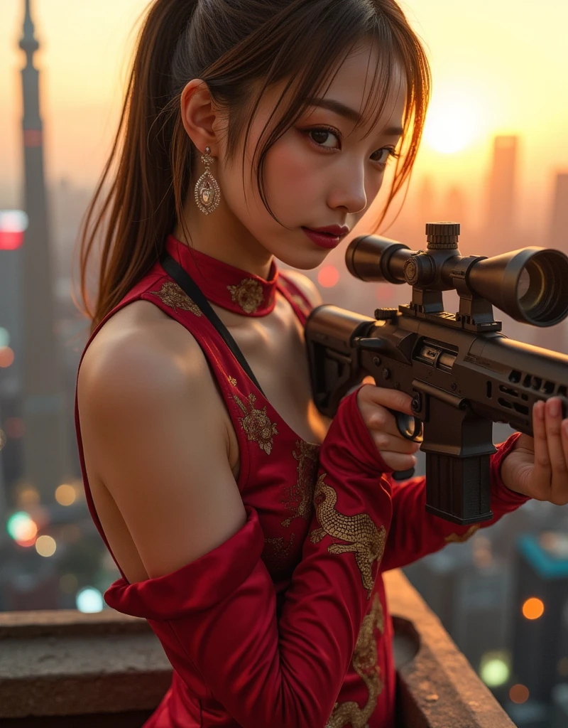 Perfect composition, Proper placement, Golden Ratio,  using warm colors , Above the knee shot:1.21, standing:1.21, Realistic, from side:1.21,  sharp concentration,  stunning realism , ( holding a sniper rifle :1.37), ( points the muzzle of a sniper rifle at the target:1.37), 拒食症の痩せた Beautiful Japanese Women:1.6,  Browse Viewers,  Beautiful Japanese Women, Smiling Japanese woman,  sexy woman, Slender body:1.21,  anatomically correct ratio :1.21,  has a small head:1.21, (( Commitment to quality :1.21)), (tired, Sleepy and satisfied:0.0), (Beautiful Lips:1.33), (Great nose:1.2), Detailed lips:1.21, (Long eyeliner), ( pink IP stick :0.95), Her skin is wet with sweat , (( flat chest:1.37)), China's sexy China dress ,  red tight china dress:1.21,  The dress has a majestic dragon pattern:1.21, satin long gloves ,  big earrings that reach the wall, Light brown hair,  low ponytail hair:1.21, Realistic skin texture,  targets on the roof of a skyscraper , On a dangerous border, Overlooking the city of Shanghai ,  Shanghai illuminated by the sunset , Emotional and dynamic cinematic lighting, 