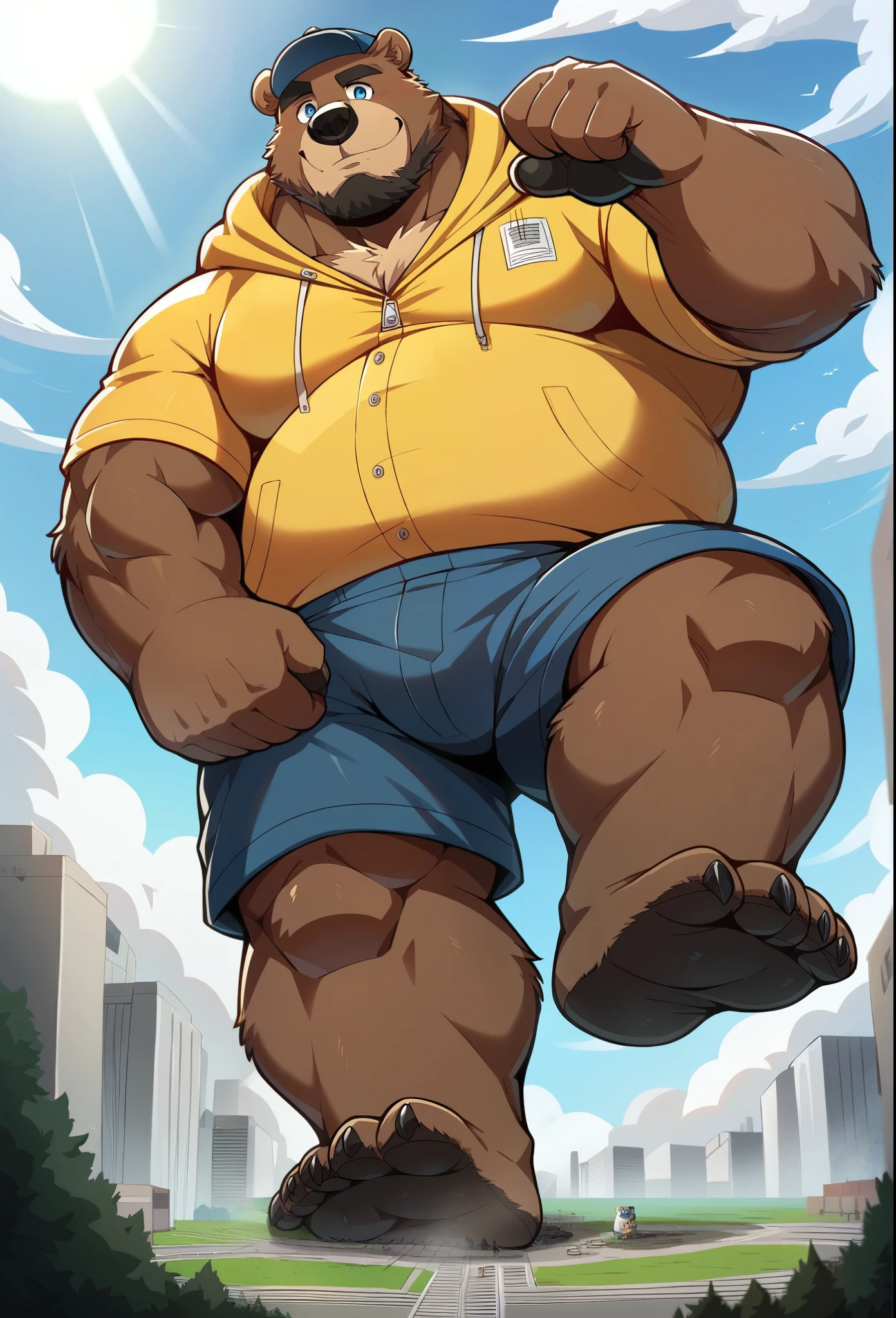 nj5furry, grizzly bear seam, beast field ,pummelig, thick arms,strong muscles,Shorts,Plush ,chubby face, black eyebrows ,sky blue eyes ,bart, friendly smile ,standing on the street ,on the stomach, Vati , (From underneath:1.1),lie down,(Cap, hooded jacket, Shirt, Hose),sunlight , smelly feet , von zixiong , takemoto arashi, (Massiv:1.0, ( heavyweight,stark,Macro, Emphasize )), background (( Building, Raise a small voice , The crack in the street ))