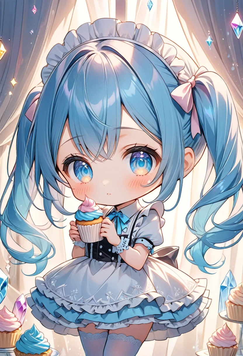 cute anime girl,crystal, chibi,twin-tails, blue hair, maid-inspired outfit, frilly dress with ribbons, white and blue color scheme, holding a cupcake, shy expression, intricate details, pastel colors, white stockings, lace and bow accents, elegant background with soft curtains, bright lighting, adorable pose, kawaii style, sweet and innocent vibe, delicate accessories, fantasy ambiance, soft glow