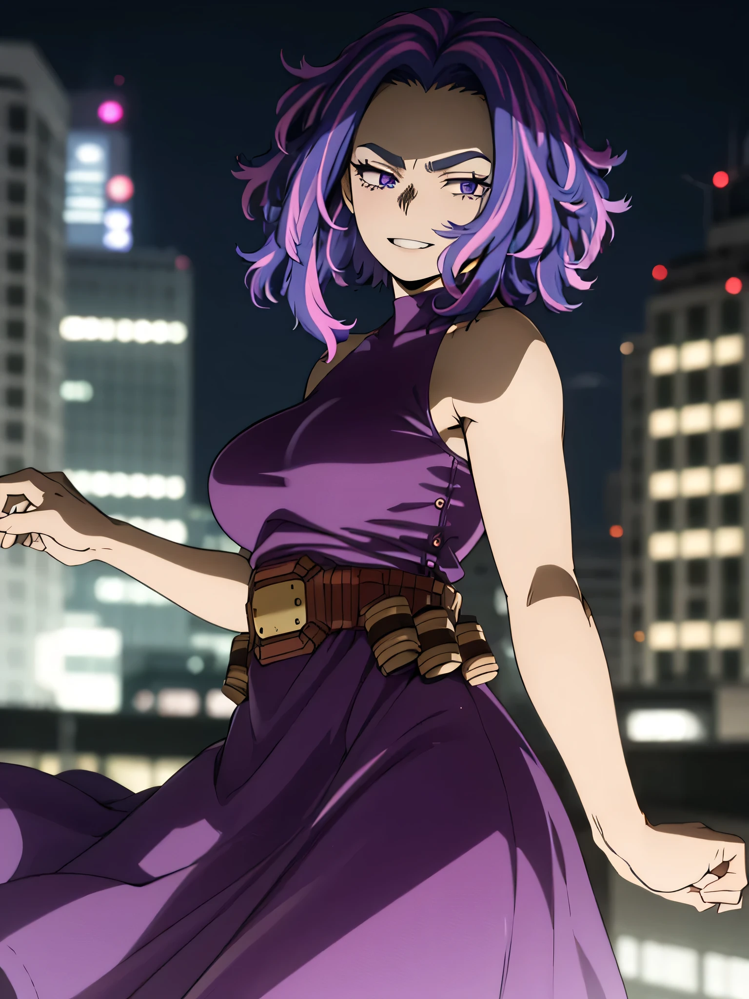 score_9, score_8_up, score_7_up, score_6_up, anime source, anime style,
n4g4nt, 1girl, solo, purple hair, purple eyes, multicolored hair, streaked hair, short hair, two-tone hair, pink hair , 
belt, bare shoulders, purple dress, sleeveless dress, 
large breasts, seductive smile, parted lips, eyelashes, 
city background,