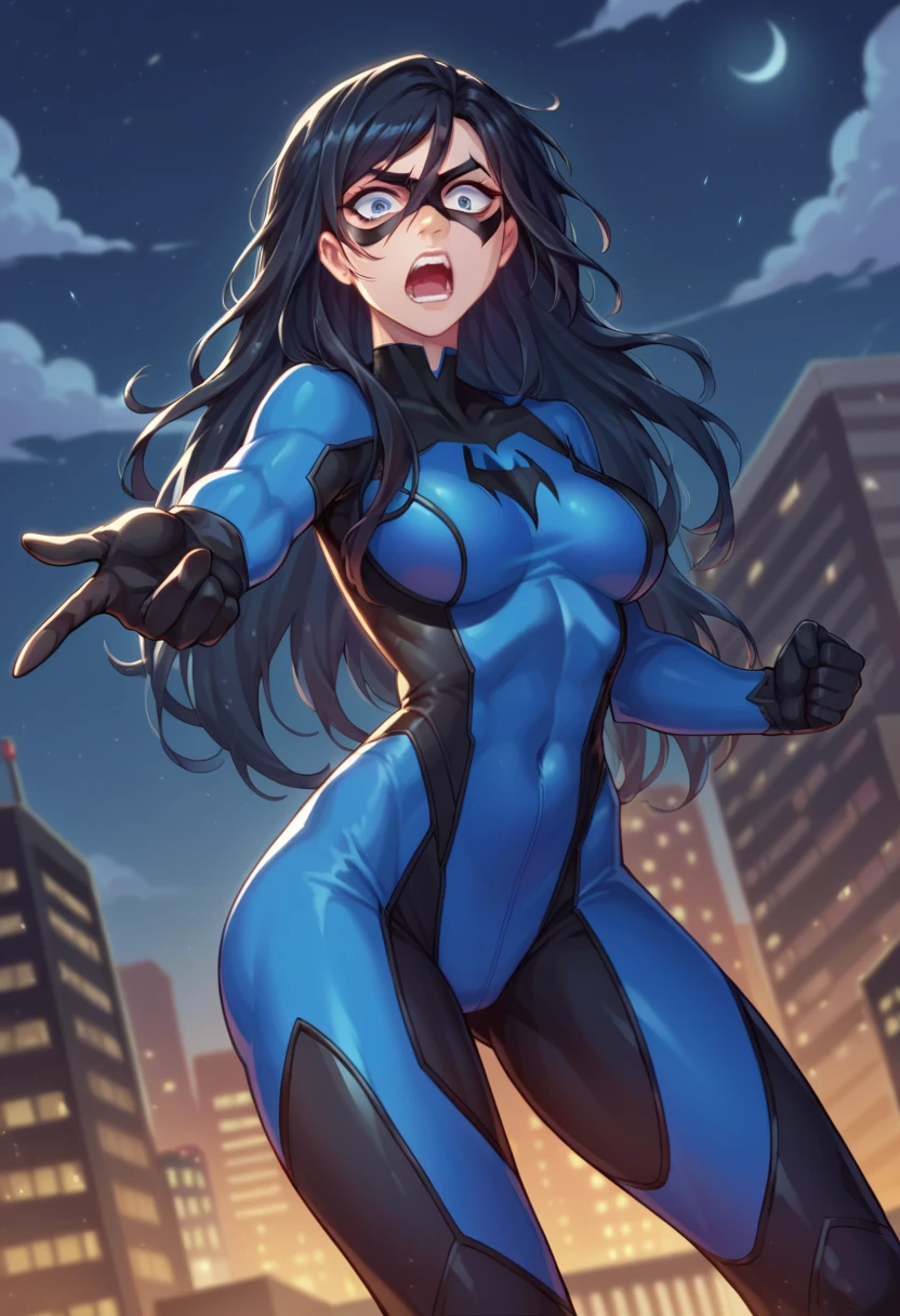 score_9, score_8_up, score_7_up, 1girl, solo, genderswap \(mtf\), Nightwing, long hair, black hair, gloves, mask, black bodysuit, superhero, blue bodysuit, domino mask, standing, scared, screaming, pointing at viewer, looking at you, night, city background, 