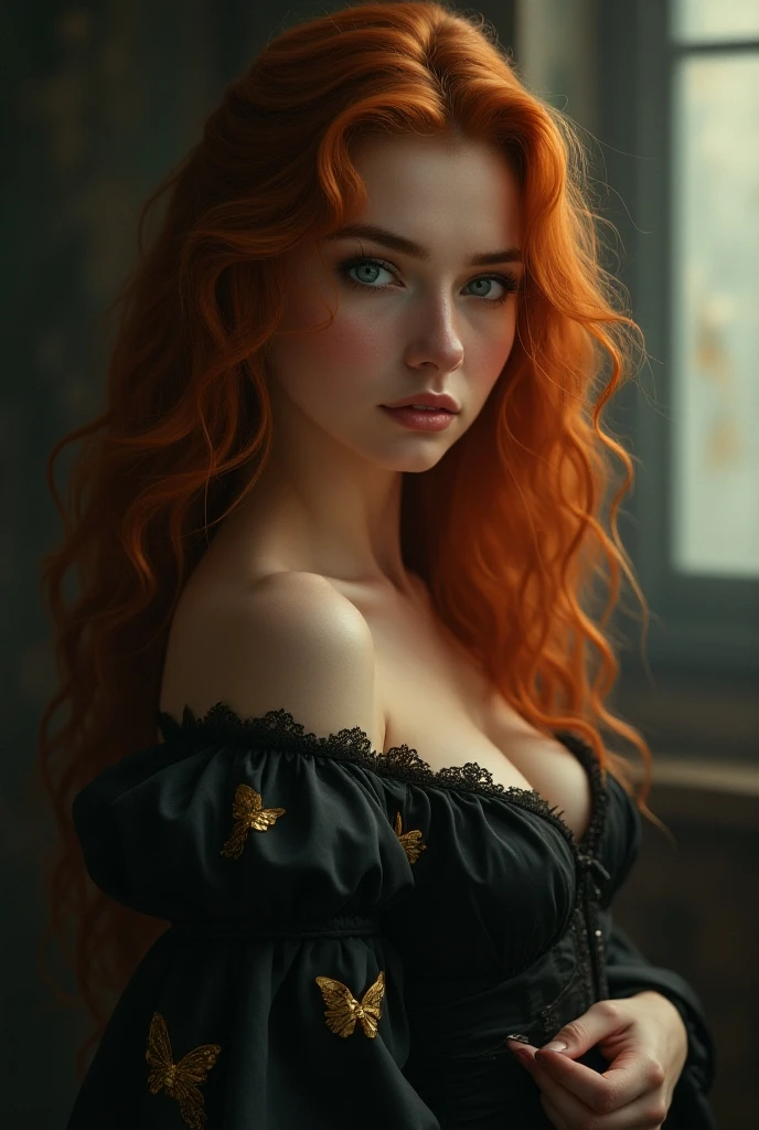 (solo, full body photo:1.3), (action packed:1.3), (haze, fog, mist:1.3), chiaroscuro, best quality, photorealistic, 1woman, (cute), (24yo:1.2), redhead, long ginger hair highly detailed, 1700'S, digital photography, art by artgerm and ruan jia and greg rutkowski surreal painting gold butterfly filigree, broken glass, (masterpiece, sidelighting, finely detailed Fashionable eyes: 1.2) (perfect oval large eyes that gazes at the viewer), beautiful detailed face, blue gorgeous perfect eyes, (blonde hair ponytail), (attractive young woman:1.3), (thick amazing hair), (seductive:1.1), (blushing:1.1)