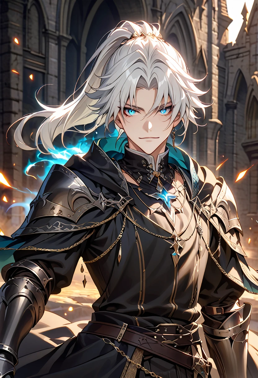 handsome young male witch with glowing blue eyes, black robes, armor gauntlets, white hair, elegant, wizard vibes, sinister expression, light novel art, jewellery, close up shot, arrogant, confident, detailed anime, ponytail, medieval vibes