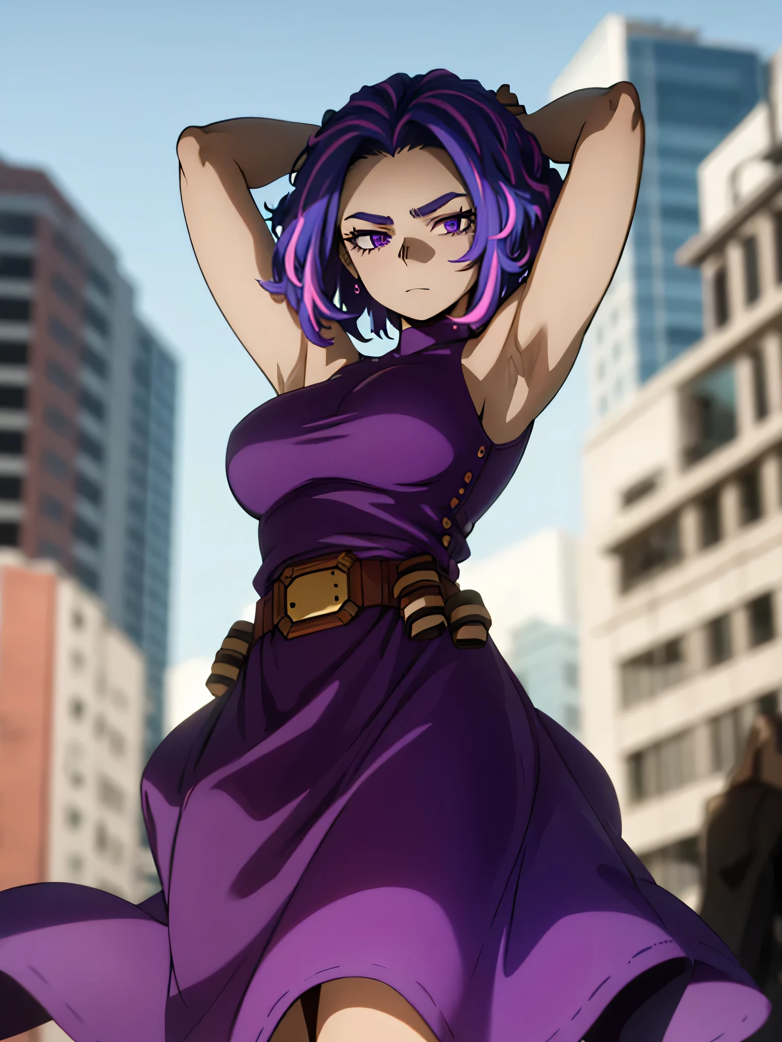 1girl, short hair,  purple hair, multicolored hair, purple eyes, purple dress,  large breasts, focus, belt, standing, arms up, arms behind head,  