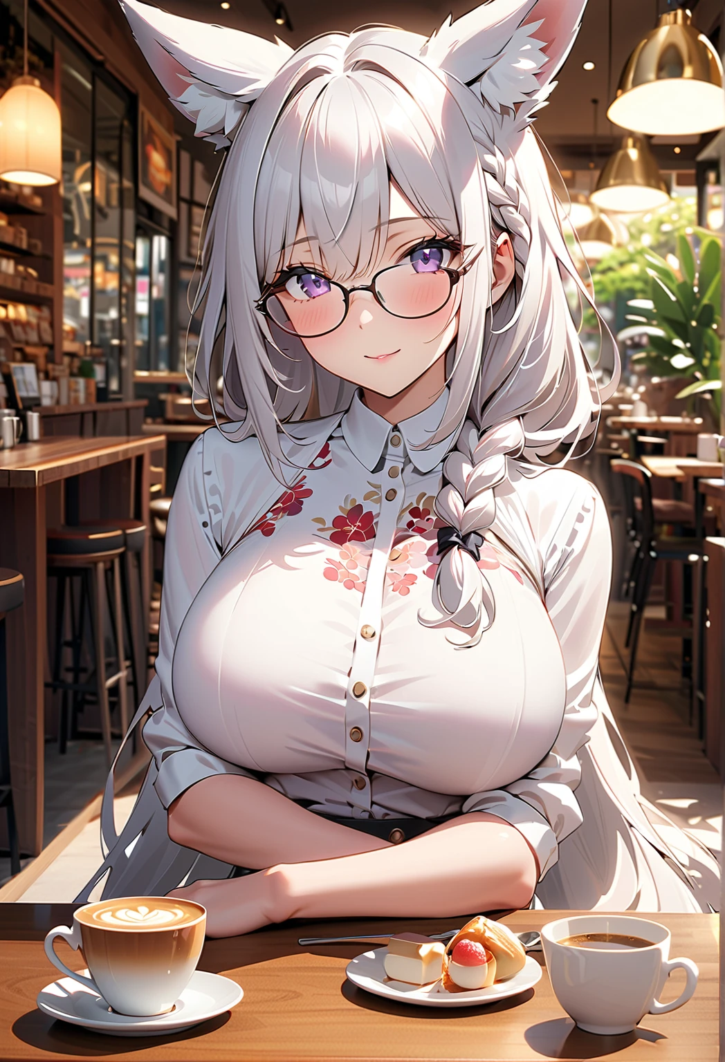 (Best Quality, 4K, 8k, High resolution, masterpiece:1.2), Very detailed, Picturesque, Animation Photos, Photo Animation:1.37), Cafe, Beautiful Japanese Women, White hair, Long Hair, White shirt, Big Breasts, Square Glasses, ((Portrait)) ((POV: Close Camera)) ((Flower pattern ornament)) ((Motherly expression)) ((Alone)) Create an anime-style image of Aiko, an elegant fox girl with a graceful aura. She has long, white hair styled in a side braid, soft, fluffy fox ears, and light purple eyes that radiate warmth and kindness. Her expression is gentle and slightly mischievous, conveying both confidence and a caring nature. Emphasize her graceful figure, big breasts, and mature demeanor, highlighting her caring, protective nature alongside a hint of playful mischief.         