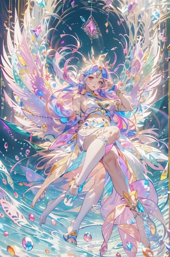 (masterpiece, 最 high quality, 最 high quality, Official Art,  beautiful and aesthetic :1.2),full body, 1 girl wearing a clear crystal bodysuit, ,Hovering, giant pink crystal feathers ,Nuvela ,(Rainbow, bright fancy neon colors ),ホログラムで光るRainbowのロングヘア,(masterpiece, 最 high quality,  high quality,  high resolution on down, Super detailed)、 lens flare 、 Dynamic Angle、 backlight、Saggy breasts、bouncy breasts、Stylish accessories、