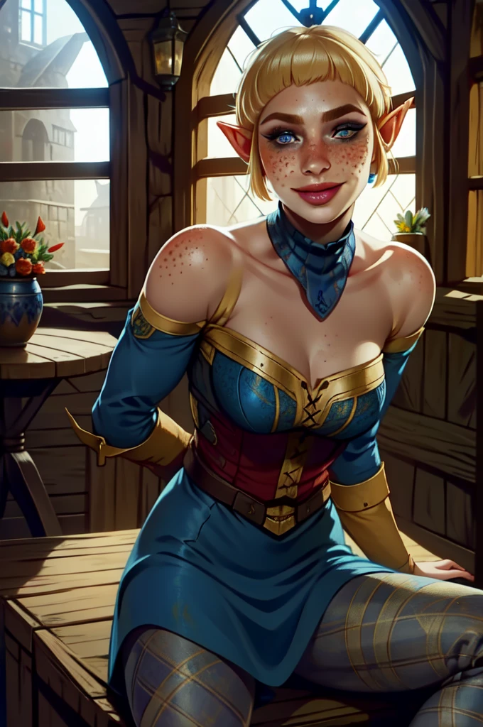 Sera,pointy ears, short blonde hair,lips,freckles,blue eyes,nose , dark eyeliner,smiling,  cowboy shot,  upper body, sitting, 
 in a inn, medieval fantasy, flowers on window, fruits, 
(insanely detailed, beautiful detailed face, masterpiece, best quality)
