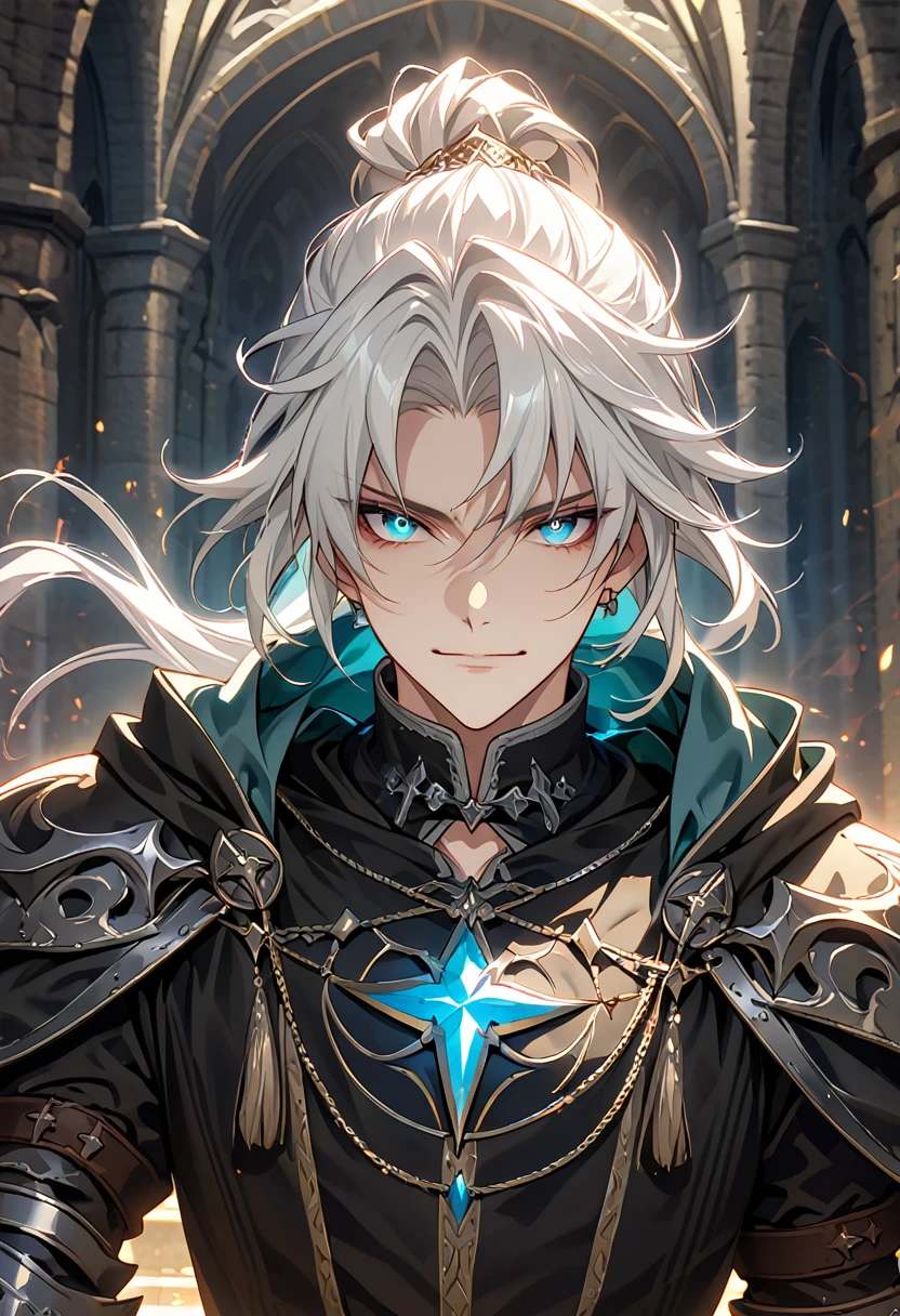 handsome young male witch with glowing blue eyes, black robes, armor gauntlets, white hair, elegant, wizard vibes, sinister expression, light novel art, jewellery, close up shot, arrogant, confident, detailed anime, ponytail, medieval vibes, face shot, wizard