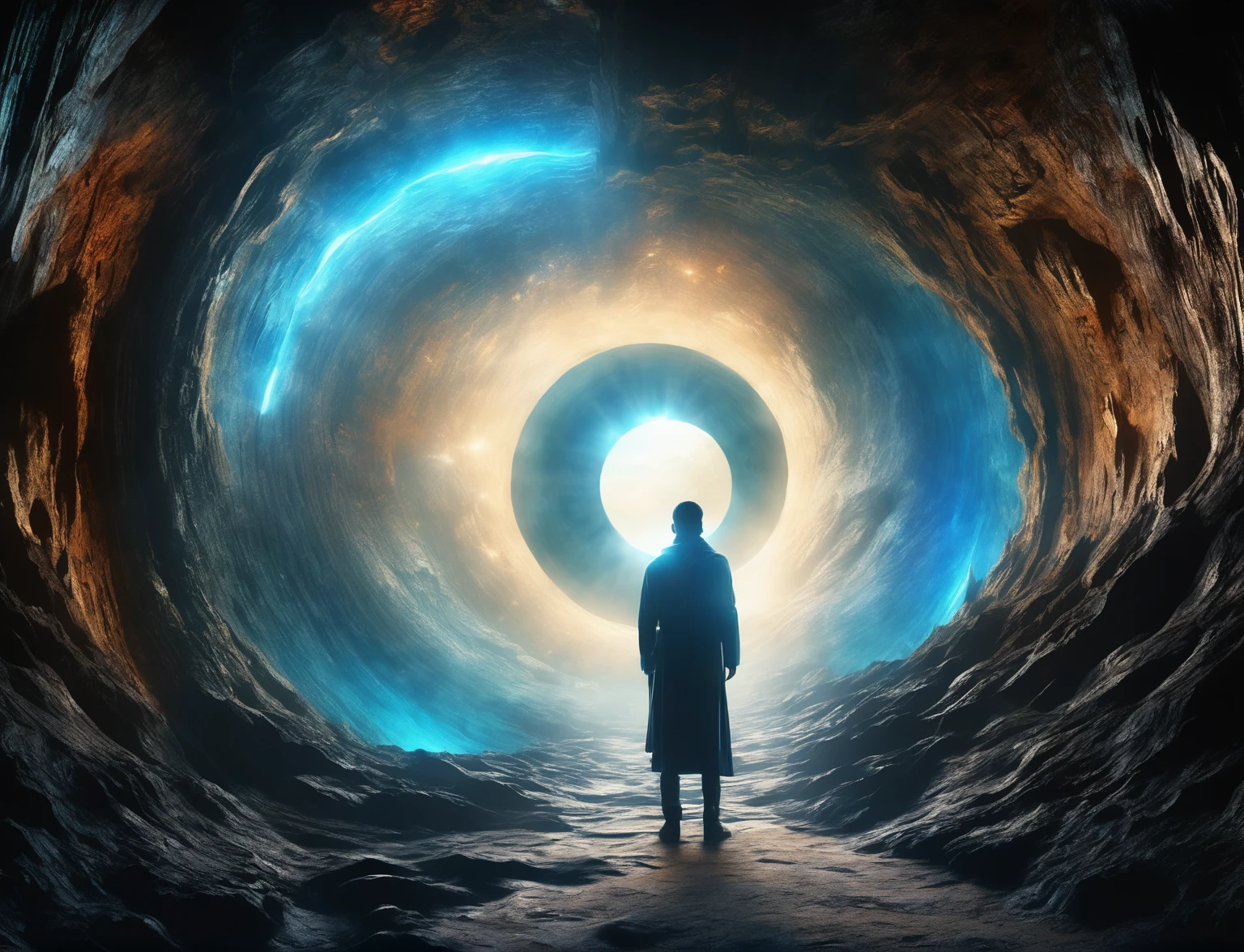 there is a man standing in a cave looking at a blue light, portal to another dimension, looking through a portal, portal to outer space, open portal to another dimension, hollow earth, portal in space, looking into a mysterious cave, portal to another universe, portrait of a mystical giant eye, from a 2 0 1 9 sci fi 8 k movie