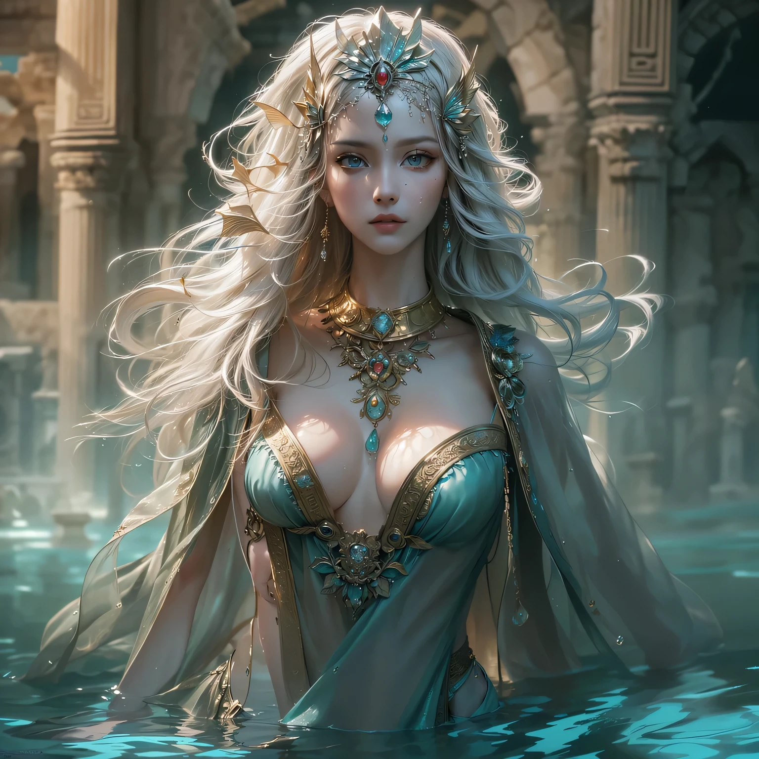 A high resolution rendering of a fierce woman, standing solo with her hips slightly tilted, her detailed face exuding confidence and strength. Her long white hair is adorned with delicate braids, and she is dressed in a striking army suit with a short skirt and adorned with unique tattoos and jewelry.