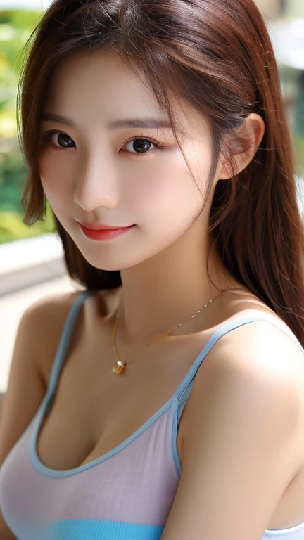 close-up of beautiful korean female, 34 inch breasts size, wearing tank top, necklace, in the cafe, bokeh background, UHD