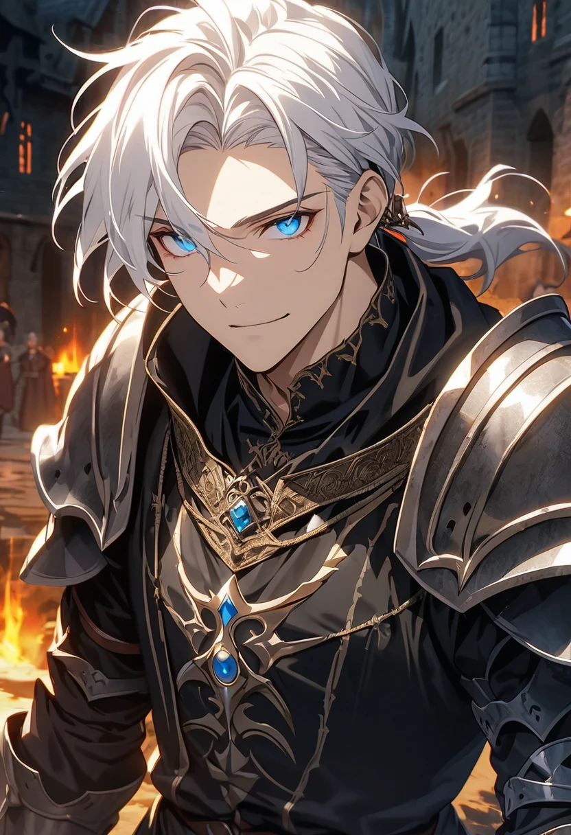 handsome young male witch with glowing blue eyes, black robes, armor gauntlets, white hair, elegant, wizard vibes, sinister expression, light novel art, jewellery, close up shot, arrogant, confident, detailed anime, ponytail, medieval vibes, face shot, wizard, rugged good looks, fantasy