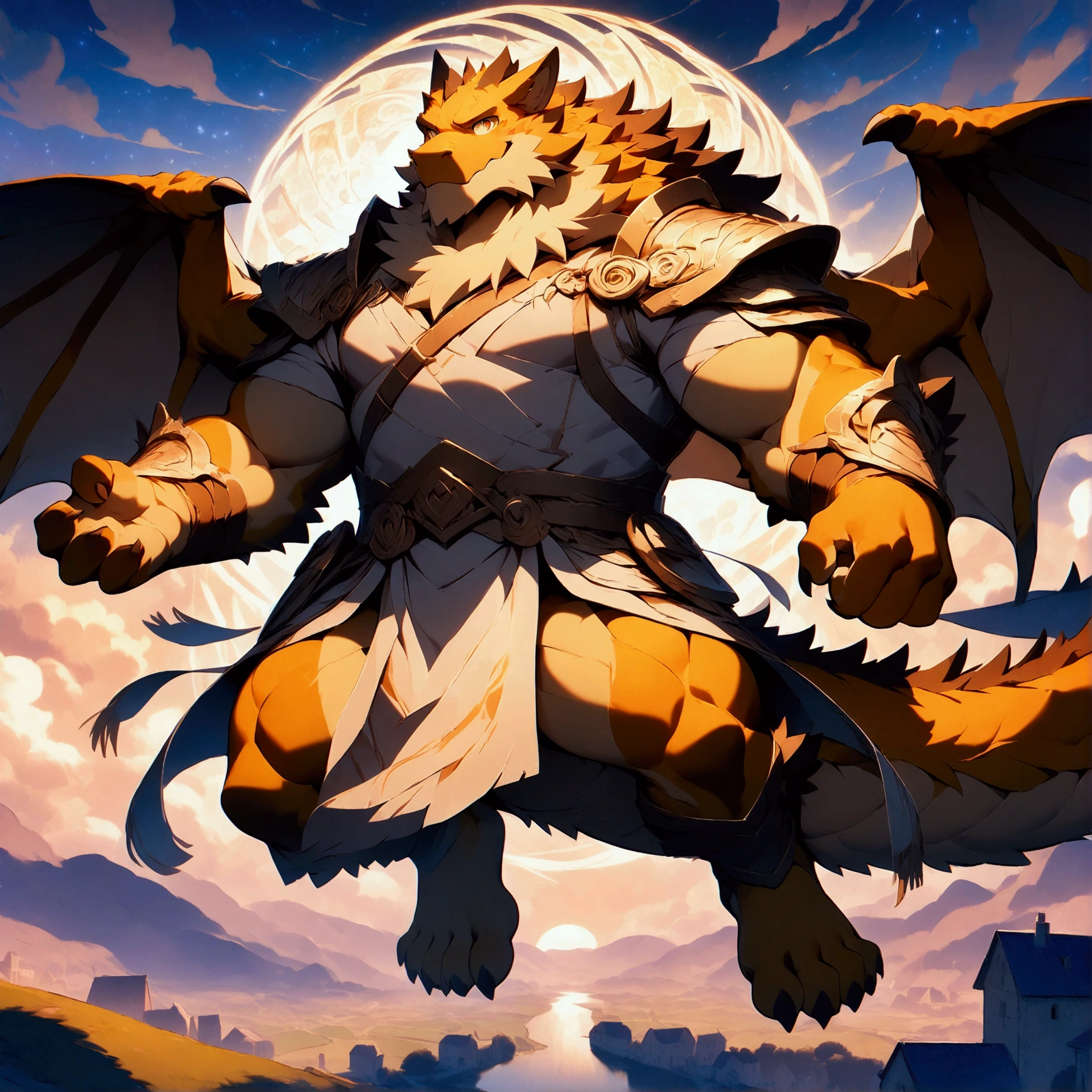 character focus, full body, looking away, dynamic angle, dragon, a muscular middle-aged dragon man, dragon wings, dragon muzzle, dragon face, happy, light smile, costume clothes, armor, shirt, loincloth, rushing wind, hold with both hands quantum electromagnetic life form sacred sphere, flying, spinning fly, dynamic pose, BREAK complete anatomy, perfect proportions, beautiful thigh gap, fluffy body, intricate fur details, beautiful fur texture, BREAK a detailed dragon one tail, detailed toe, 5toes, 5toes nails, beautiful foot, detailed hands, 5fingers, 5fingers nails, BREAK aesthetic anime face, insanity detailed face, male face, big face, square jawline, aesthetic anime eyes, detailed brown eyes, detailed brown cornea, detailed dark brown irises, detailed pupils, male eyes, big eyes, male eyebrows, innocent look, beautiful beard, BREAK full body in Michelangelo Buonarroti style, digital illustration anime, housamo style, detailed painting landscape, twilight, kaleidoscopic swirls, france, outdoor, full body, HDR, BREAK masterpiece, official art, best quality, very aesthetic, absurdres, super fine illustration, great quality, BREAK noise reduction, very highres, large filesize, high quality, 32K, 8k wallpaper, dynamic lighting, BREAK insanity detailed, ultra detailed, intricate details, extremely detailed, detailed texture, an extremely delicate and beautiful, BREAK osukemo, e621 illustration, kemohomo, anthropomorphic, furry, cartoon, harmonious body, pastoral face, virtuous eyes, epic atmosphere