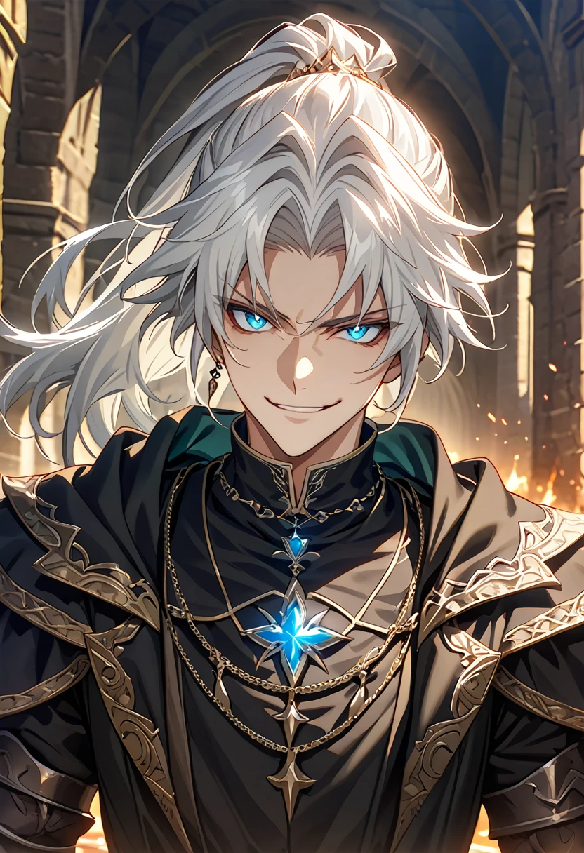 handsome young male witch with glowing blue eyes, black robes, armor gauntlets, white hair, elegant, wizard vibes, evil smile expression, light novel art, jewellery, close up shot, arrogant, confident, detailed anime, ponytail, medieval vibes, face shot, wizard, rugged good looks, fantasy