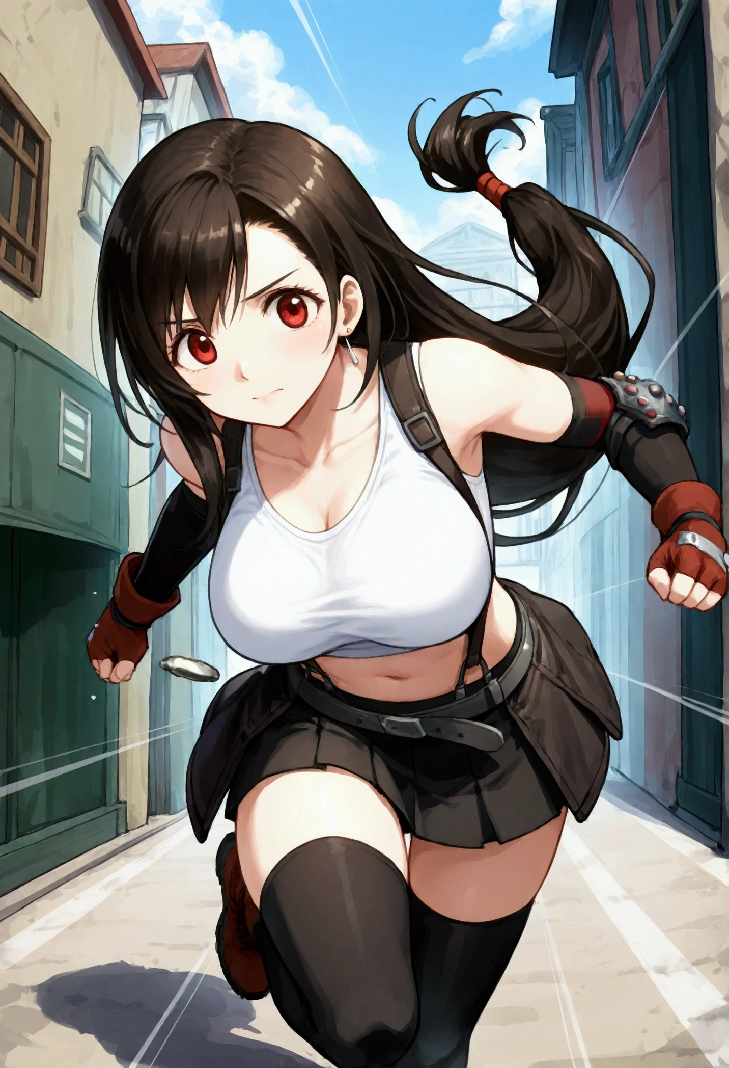 , (Masterpiece),(Best Quality),source anime,(ultra detailed),(Recent),,BREAK  1girl, Tifa Lockhart, Final Fantasy,(beautiful). Black Hair, Long hair tied low, Red eyes, bangs, White tank top, belt, Pleated Skirt , Thigh length, Elbow fingerless gloves, Elbow pads, (abdomen,navel:0.9)  suspender skirt.zettai ryouiki,,(large_chest:1.2), (tareme:1.2),,BREAK  ,standing,  (standing on viewer:1.3),(dynamicangle,running, leaning forward with arms swinging.motionlines. burst effects), in alley at daytime,dynamicpose,,{tifa_lockhart,FF7}