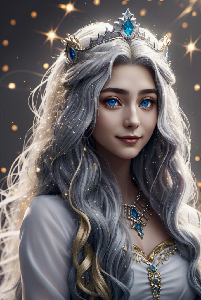  Hande Elsel fairy
solos, Long Hair, smile, Blonde,  blue eyes, とてもLong Hair,  accessories with gray hair, Character portrait, crown,  glitter effect,  lens flare ,  white lion next to it 、Very big、Hair is fuzzy 、 emits light from the body 