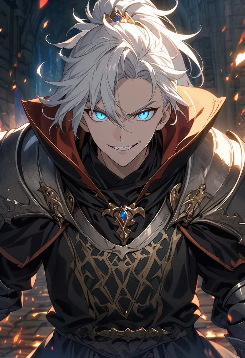 handsome young male witch with glowing blue eyes, black robes, armor gauntlets, white hair, elegant, wizard vibes, evil smile expression, light novel art, jewellery, close up shot, arrogant, confident, detailed anime, ponytail, medieval vibes, face shot, wizard, rugged good looks, fantasy, villain, intimidating 