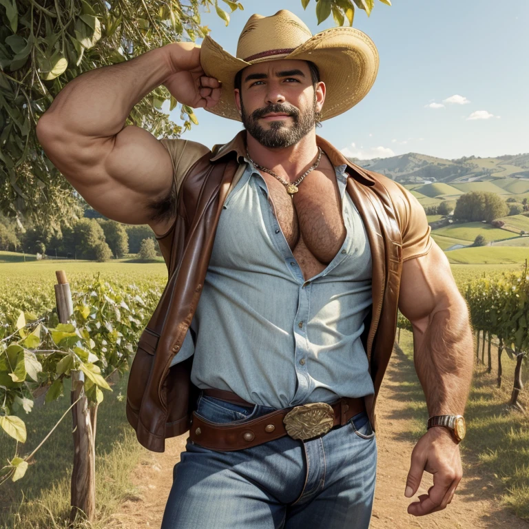 Masterpiece, Best Quality, High resolution, (1 chico:1.4), male focus, italian cowboy with tanned skin, 30-year-old ranch farmer in jeans with leather belt and boots and cowboy hat with rich fine details, intricate cowboy fashion with vivid details, opulent accessories and jewelry, denim and leather details, cowboy, fine gold watch, countryside vineyard orchard setting, sunny bright day, detailed body, brown hair, italian, furry, beefy, chubby, dad body, dad bod, warm lighting, HDR, (GS-Macho :1.5), dynamic pose, hairy armpits, hairy chest, large pectoral, big chest, charming smile, happy, scruff, daddy, masculine, macho, beautiful striking green eyes, symmetrical eyes, beautiful eyes, balanced, erotic, big bulge, huge bulge