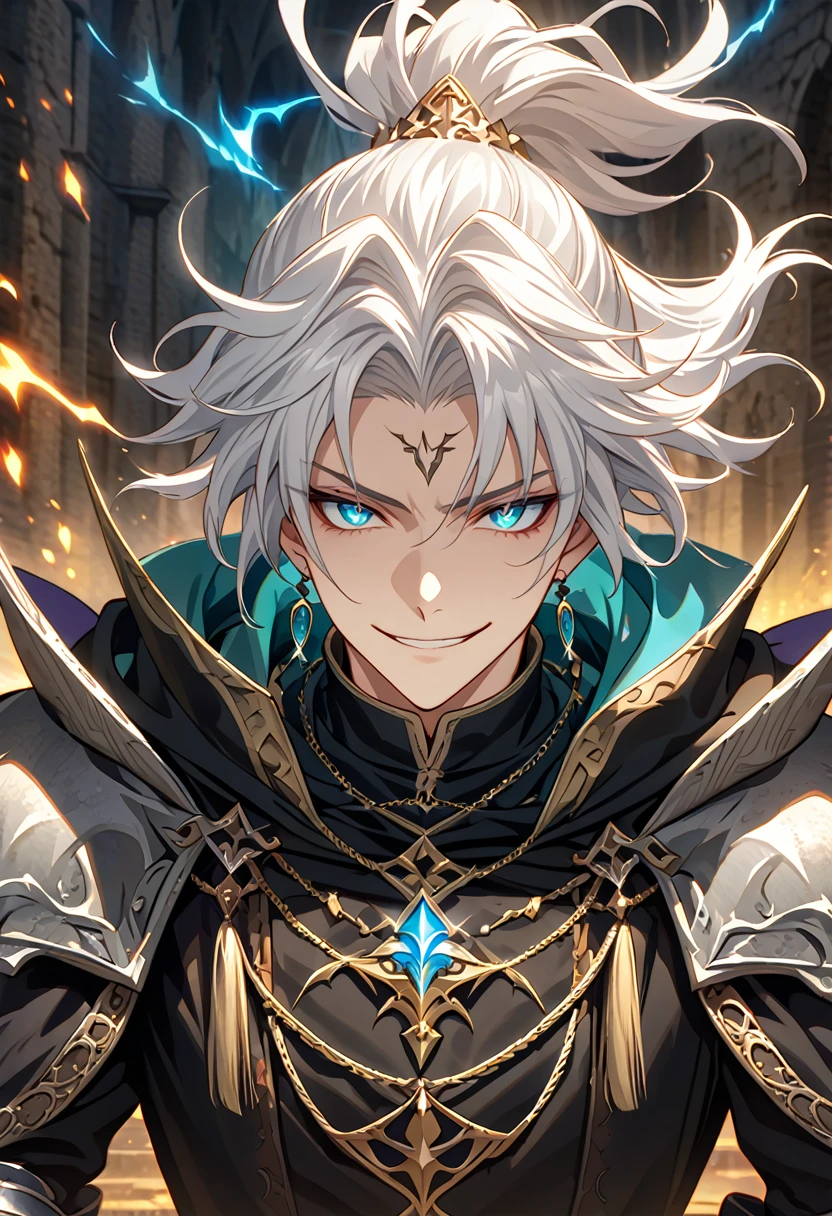 handsome young male witch with glowing blue eyes, black robes, armor gauntlets, white hair, elegant, wizard vibes, evil smile expression, light novel art, jewellery, close up shot, arrogant, confident, detailed anime, ponytail, medieval vibes, face shot, wizard, fantasy, light novel art