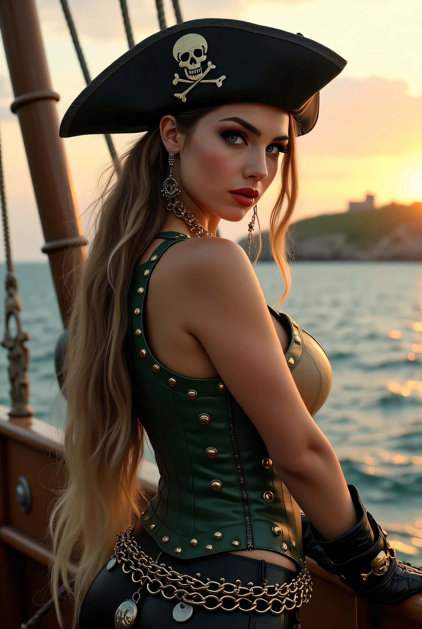 ((best quality, masterpiece, score_9, score_8_up, realistic photograph, life-like realism)), (Hispanic teenage female, 20yearsold, ((wearing a black pirate hat with a skull painted on it)), vibrant seafoam eyes, lips parted, aroused), ((((((breasts bursting out of her green leather vest, shot from below, freckles, dark suntan, crimson red lips))), open unbuttoned chrome chains, Hi3SSS))), beige leather corset with gold chains, black leather gloves with chrome rivets and chains, ((loose black leather pants, black chrome belt buckle that has an engraved gold skull)), gold chain necklace with pirate charms, wind, windy, extremely long straight light brown hair blonde highlights pulled back, heavy eye makeup, kohl around eyes, background she's on the deck of a pirate ship, leaning on the mast, rear view, from behind, sweet ass, bokeh faraway island in the ocean, sunset, reflections
