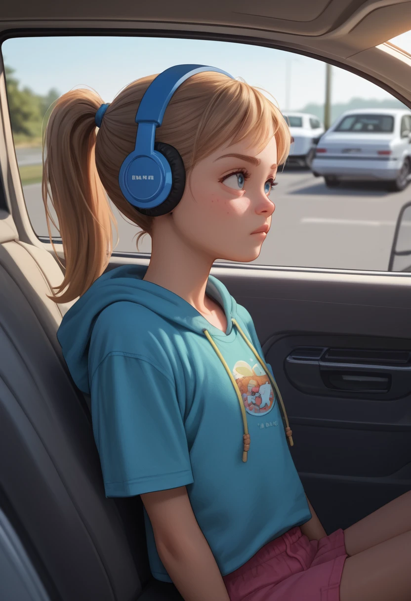 score_9, score_8_up, score_7_up, score_6_up, score_5_up, score_4_up, ri_ley2, ****ung girl, ponytail, blond hair, in a car, headphones, tied up