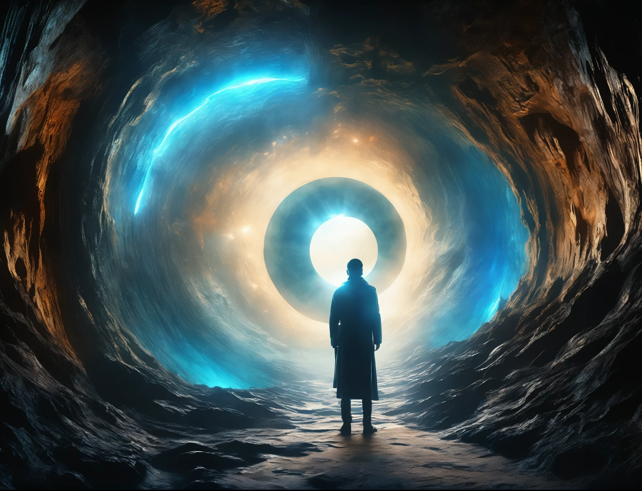 there is a man standing in a cave looking at a blue light, portal to another dimension, looking through a portal, portal to outer space, open portal to another dimension, hollow earth, portal in space, looking into a mysterious cave, portal to another universe, portrait of a mystical giant eye, from a 2 0 1 9 sci fi 8 k movie