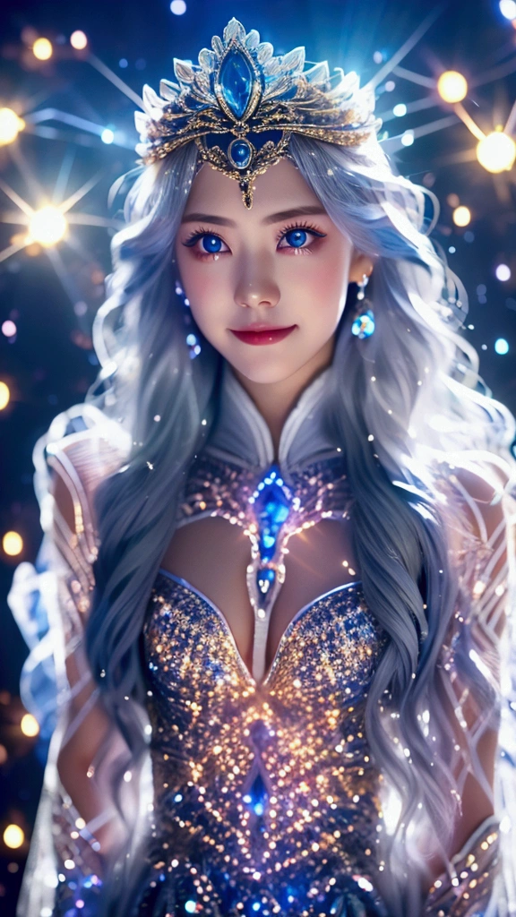  Angel、
solo, whole body、front、Long Hair, smile,  blue eyes, とてもLong Hair,    gray hair accessory ,  tiara 、Glitter Effect,   lens flare  ,  Emits light from the body 、背にAngelの羽、