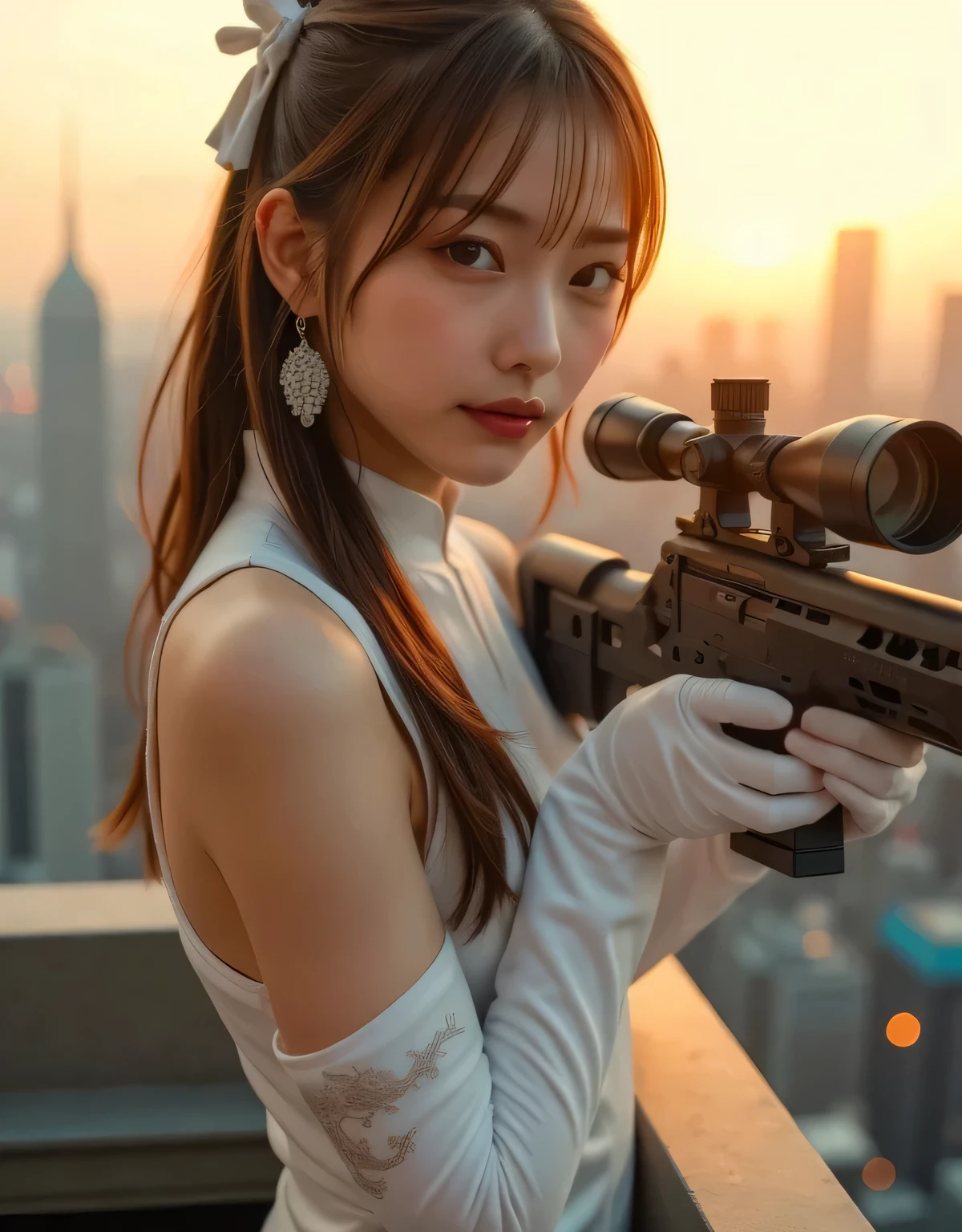 Perfect composition, Proper placement, Golden Ratio,  using warm colors , Above the knee shot:1.21, standing:1.21, Realistic, from side:1.21,  sharp concentration,  stunning realism , ( holding a sniper rifle :1.37), ( points the muzzle of a sniper rifle at the target:1.37), 拒食症の痩せた Beautiful Japanese Women:1.6,  Browse Viewers,  Beautiful Japanese Women, Smiling Japanese woman,  sexy woman, Slender body:1.21,  anatomically correct ratio :1.21,  has a small head:1.21, (( Commitment to quality :1.21)), (tired, Sleepy and satisfied:0.0), (Beautiful Lips:1.33), (Great nose:1.2), Detailed lips:1.21, (Long eyeliner), ( pink IP stick :0.95), Her skin is wet with sweat , (( flat chest:1.37)), China's sexy China dress ,  red tight china dress:1.21,  The dress has a majestic dragon pattern:1.21, satin long gloves ,  big earrings that reach the wall, Light brown hair,  low ponytail hair:1.21, Realistic skin texture,  targets on the roof of a skyscraper , On a dangerous border, Overlooking the city of Shanghai ,  Shanghai illuminated by the sunset , Emotional and dynamic cinematic lighting, 