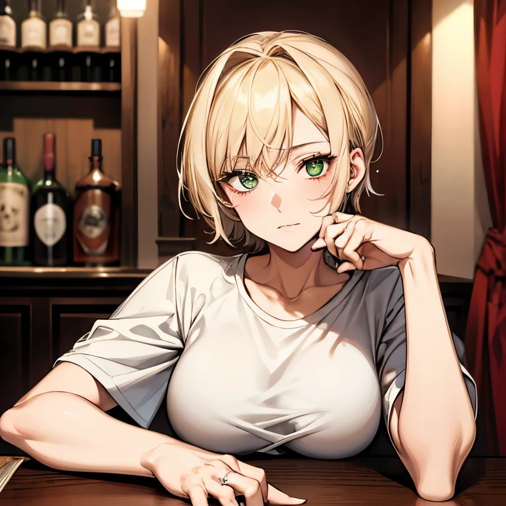 German ,upper class cute type beautiful woman who has lost him spouse by death and has not remarried. tinged with sadness,36 years old, Blonde,wolf cut,short hair,green eyes, anime style,a face with darkness in its heart, ring on left hand ring finger,1960,widow,she own a bar as a hobby,T-shirt and cargo pants, The background is the bar's liquor cabinet,Smokeing a cigar