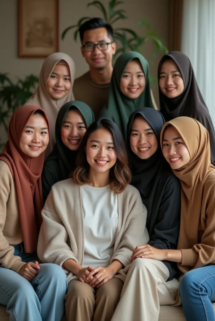 ((3 hijabless man wear jacket sitting), (3 hijabbed woman sitting)), cute face, happy expression, casual fasion, white skin people, just concentrate, crowdless background,extreme detail, masterpiece, 4k, proportional, cinematic lighting