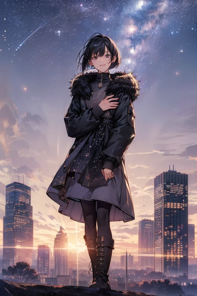 Best Quality, (1 person:2.0), Neutral Men's ,(  flat chest:1.3),(7 heads), Black Hair ,( Bob Cut Hair),High neck knit,( long sleeve :1.3),(starry sky flare skirt:1.2),( Down Jackets :1.2),Fur on Sleeves ,(black pantyhose),  boots,Beautiful cityscape, Skyscrapers,Night view,wind, dye your cheeks red,( happy smile), soft writing