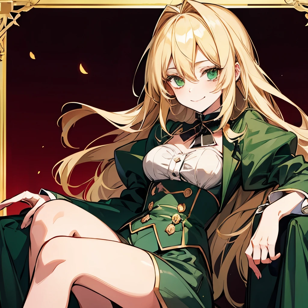 German upper class,tomboy,cute,glamorous,young virgin lady,Blonde intake,long hair,emerald eyes.tsurime,1939s,The background is the Flower Field,Sitting,smile