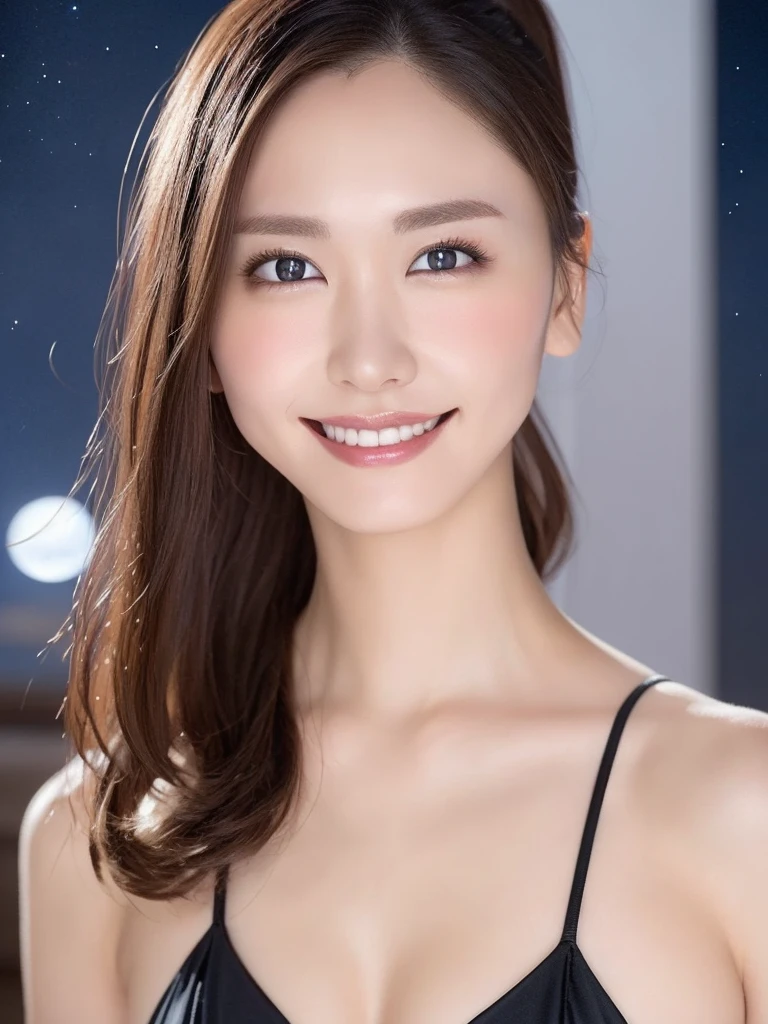 Beautiful woman，body portrait、8k，thin and beautiful eyes，Dindal effect、masterpiece, 最high quality, high quality, High resolution、Very detailed photos、(natural skin texture、fine skin、hyper realism、Super sharpness)、high detail skin、(very detailed、Fine skin texture、intricate details、beautiful face、(lifelike face)、realistic eyes、beautiful and detailed eyes、ponytail、real looking skin、beautiful skin、natural breast、big firm chest、G Cup、big breasts、glamorous、shiny skin、oily skin、micro bikini wear,Take a shower in the bathroom、Surreal、very detailed、golden ratio、with smiling eyes、((night moonlight background))、body portrait