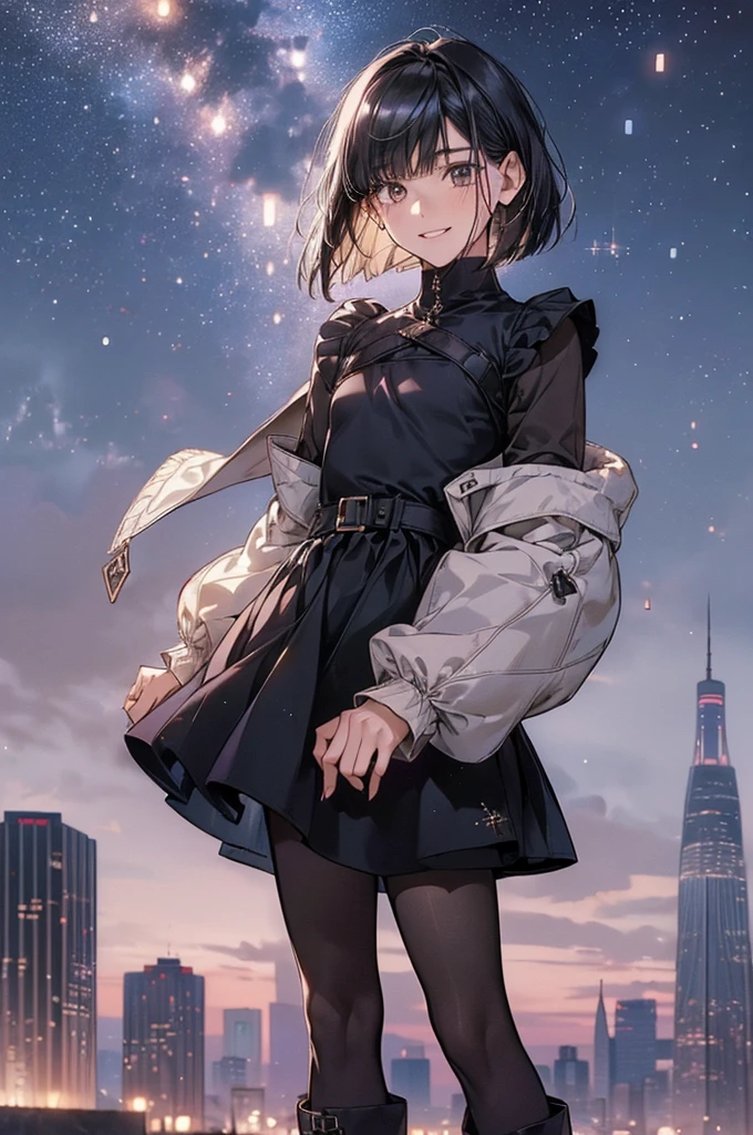 Best Quality, (1 person:2.0), Neutral Men's ,(  flat chest:1.3),(7 heads), Black Hair ,( Bob Cut Hair), high neck,( long sleeve :1.3),(starry flared skirt dress:1.2),( Down Jackets :1.2),Fur on Sleeves ,(black pantyhose),  boots,Beautiful cityscape, Skyscrapers,Night view,wind, dye your cheeks red,( happy smile), soft writing