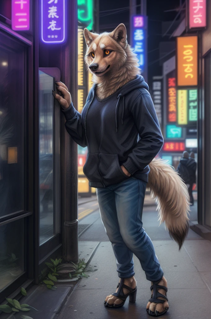 amateur \(eyes\), female, One,  yellow eyes , black sclera , breast,  unsecured, 4 fingers, paws, claws, legs, Dressed, in a black hoodie, jeans, high-heeled sandals, marking, white wool, street, Tokyo, neon lights BREAK ,
by Rukis,  personally , from Kenket, (intricate,  high detail ,  film photography ,  soft focus ,  RAW direct cinema,
 photorealism ,  Realistic , photo Realistic ,  analog style ,  scattering under the surface,
masterpiece,  Best quality , ultra  Realistic , 8 k)