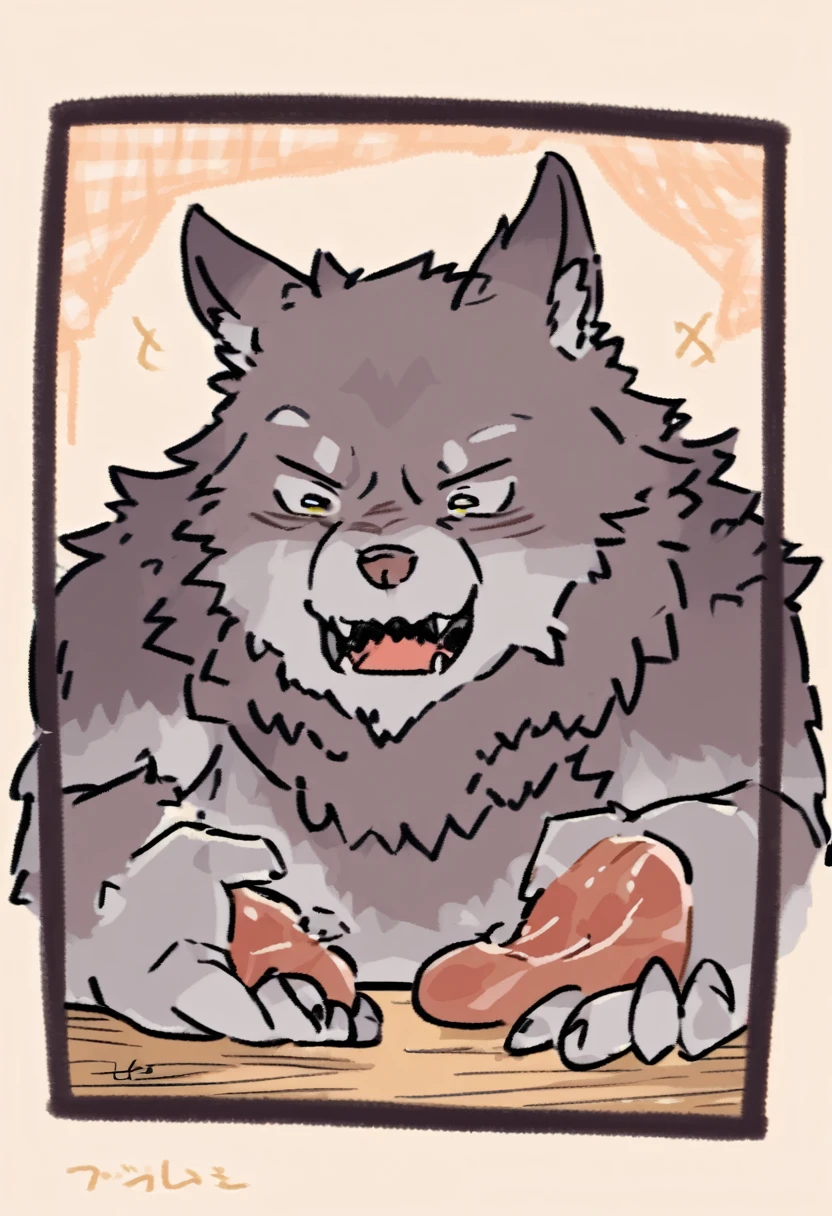 Draw a werewolf who is happy with meat in just 2 frames、